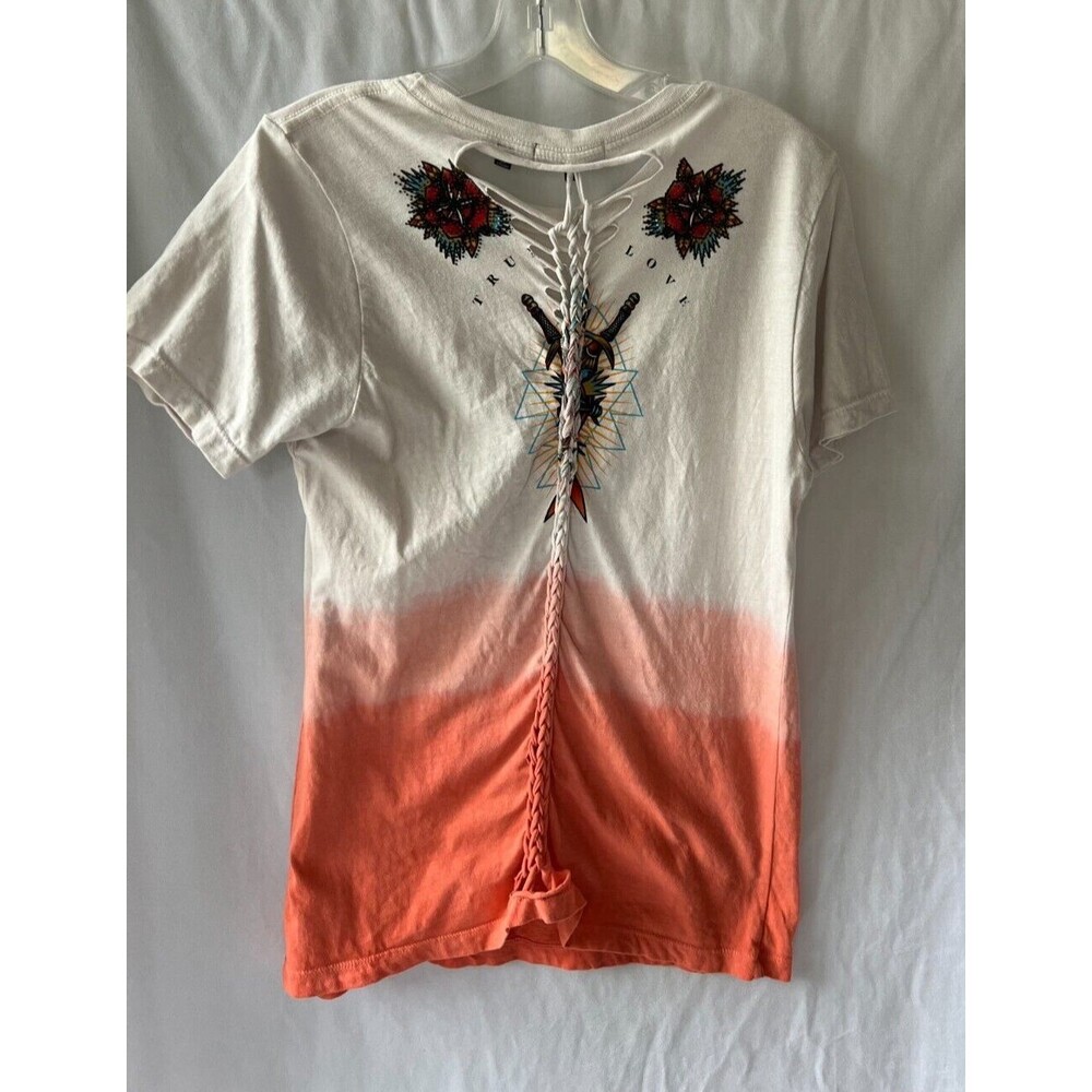 Affliction T-Shirt Sacred Oath Biker Tattoo color block peach  XL - Picture 6 of 12